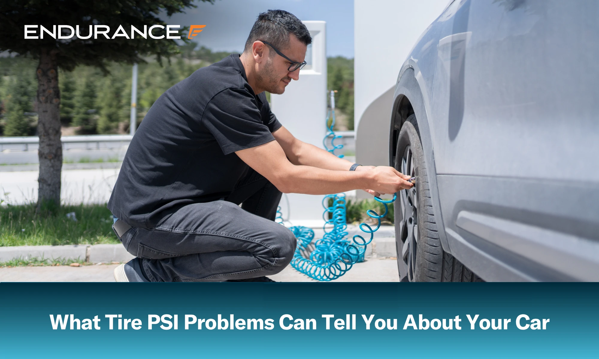 A main checking air pressure on a car tire, what PSI means and how to handle tire pressure issues