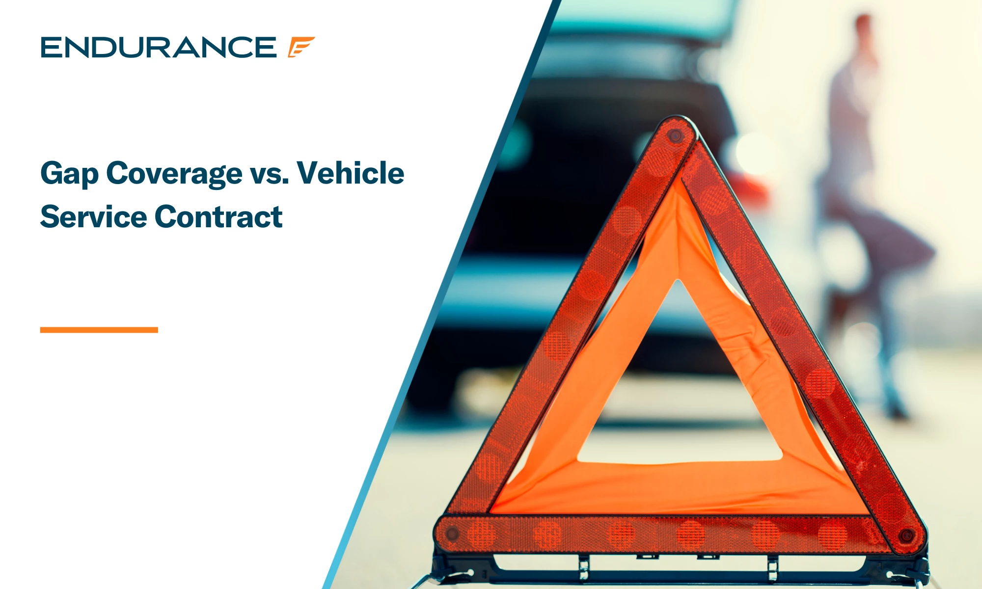 A close up of an orange warning triangle placed on the road in front of a stalled vehicle