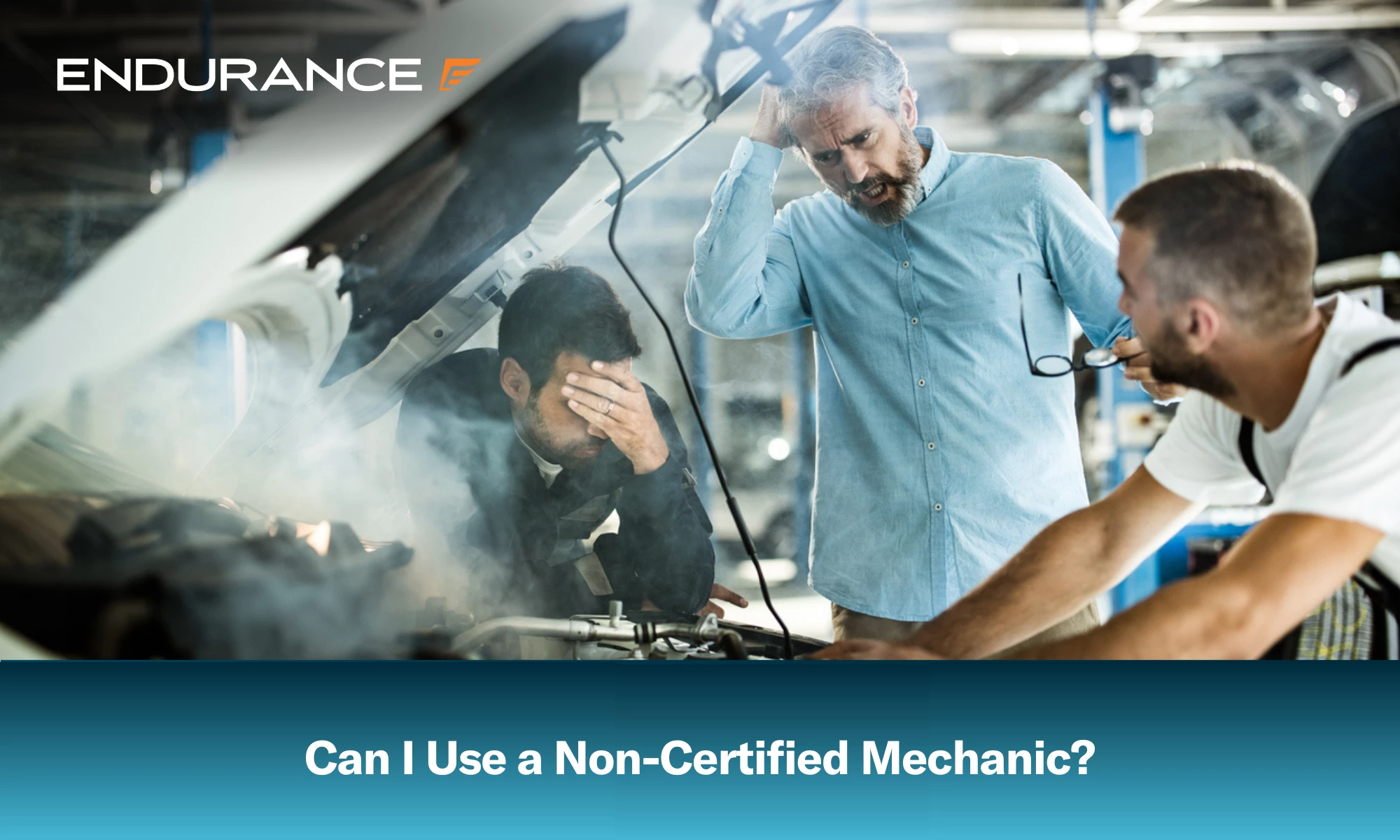 Customer and mechanics feeling frustrated while the car is smoking in a repair shop