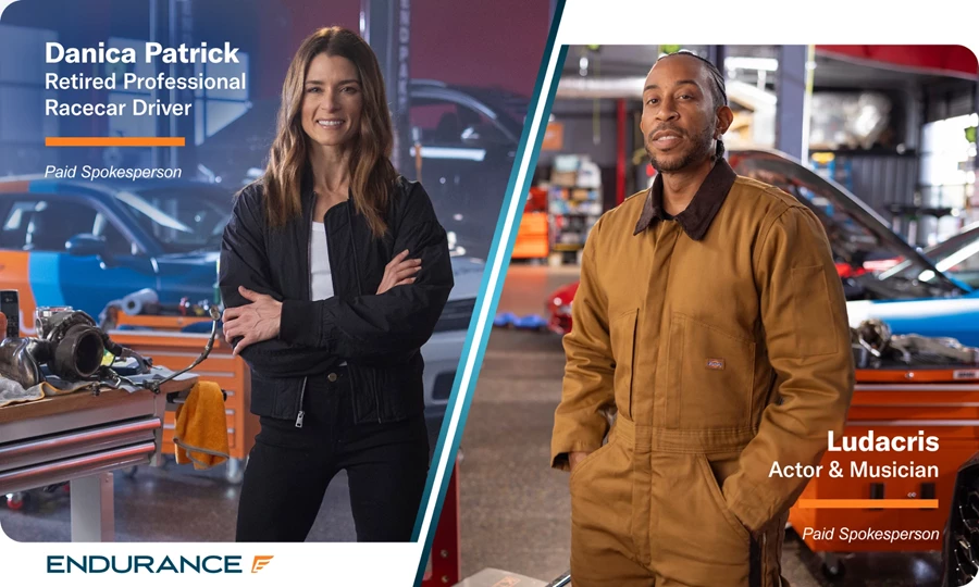Endurance spokespersons Danica Patrick and Ludacris in a mechanic's garage