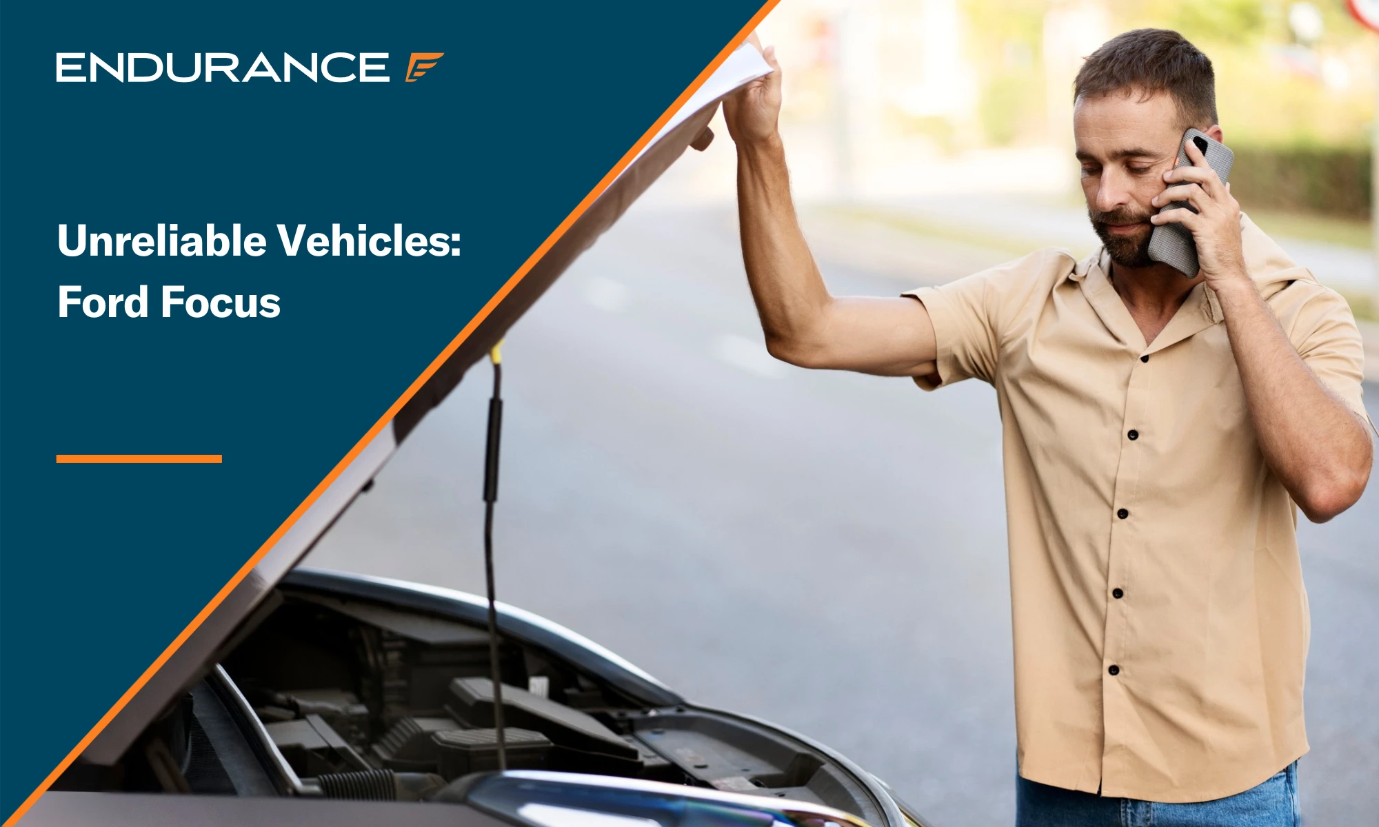 A man with the car of his hood open on his phone, car breakdown