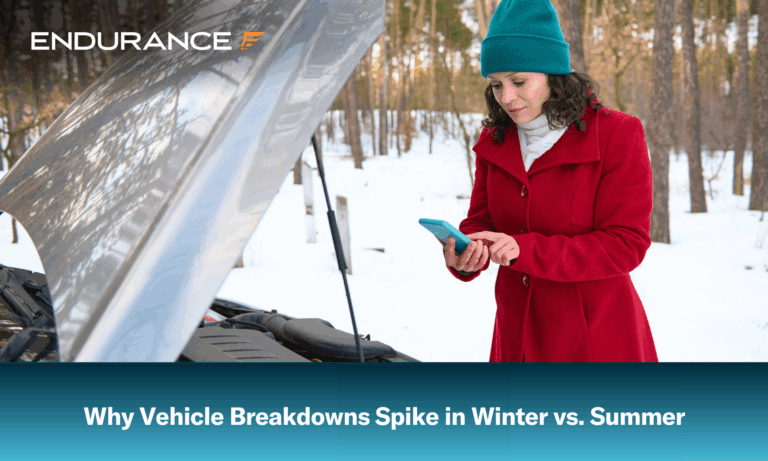 Woman driver in front of her broken down car holding during winter her cell phone