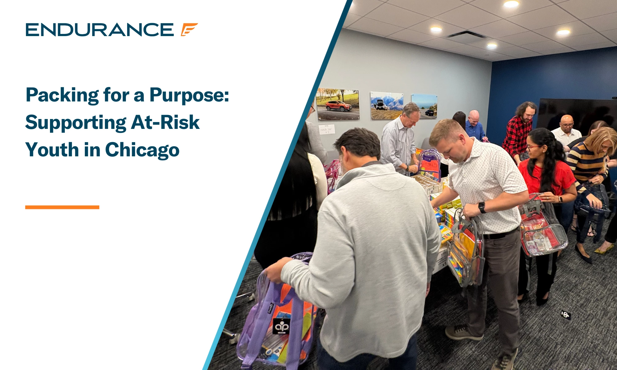 Endurance team members packing backpacks full of supplies for children