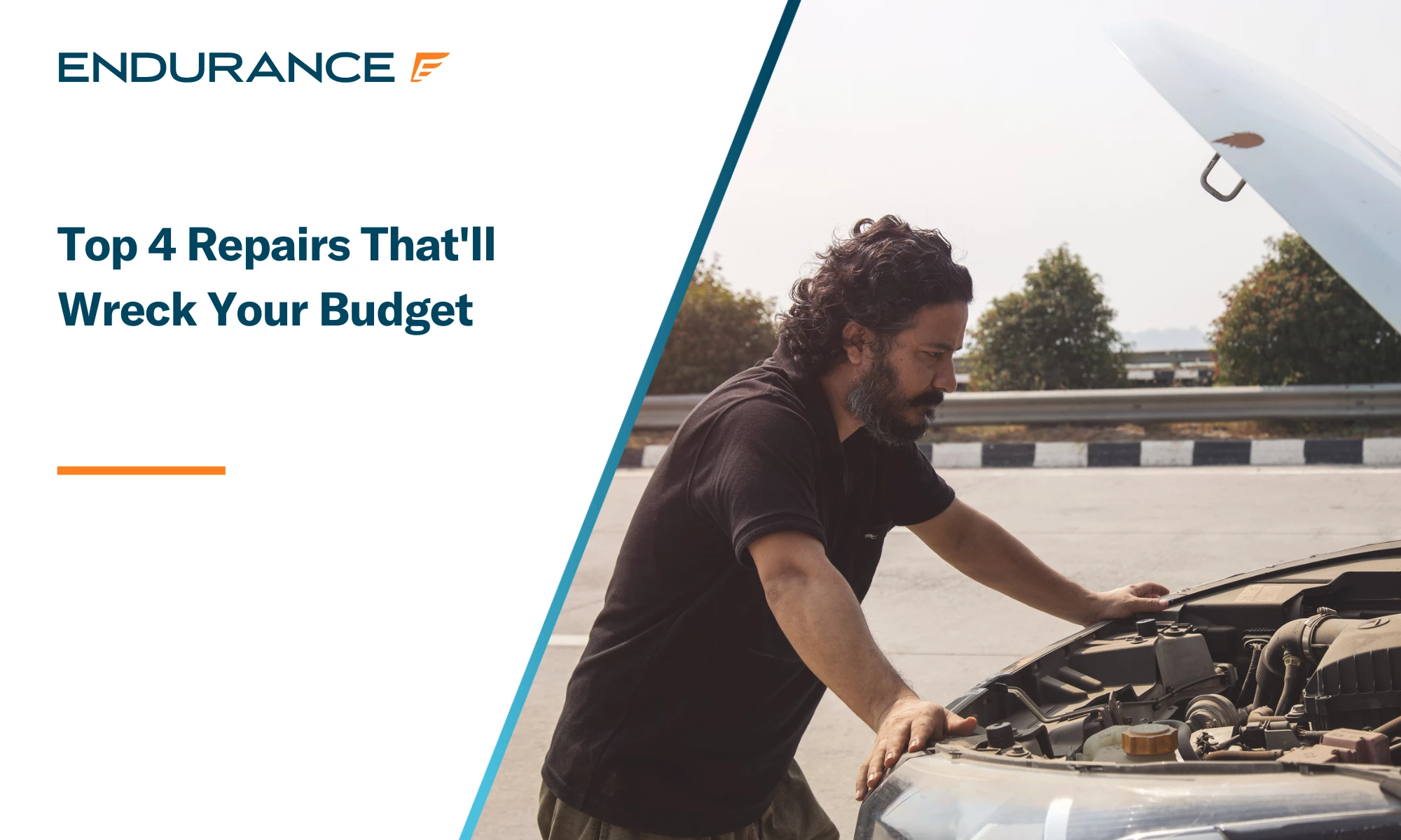 Man leaning on open car hood on the highway during a breakdown