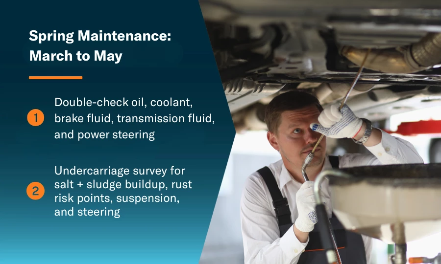 Spring maintenance tips and a mechanic changing a car's oil