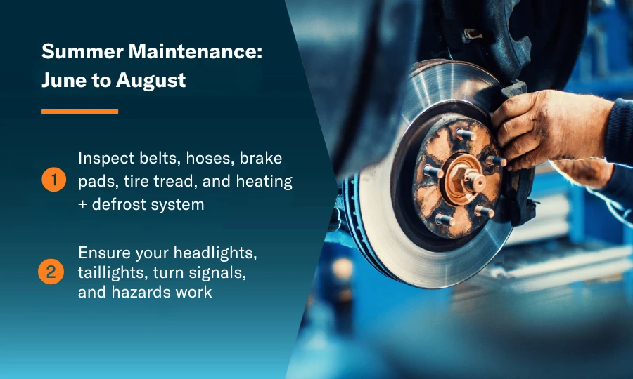 Summer maintenance tips and a mechanic changing a car's brakes