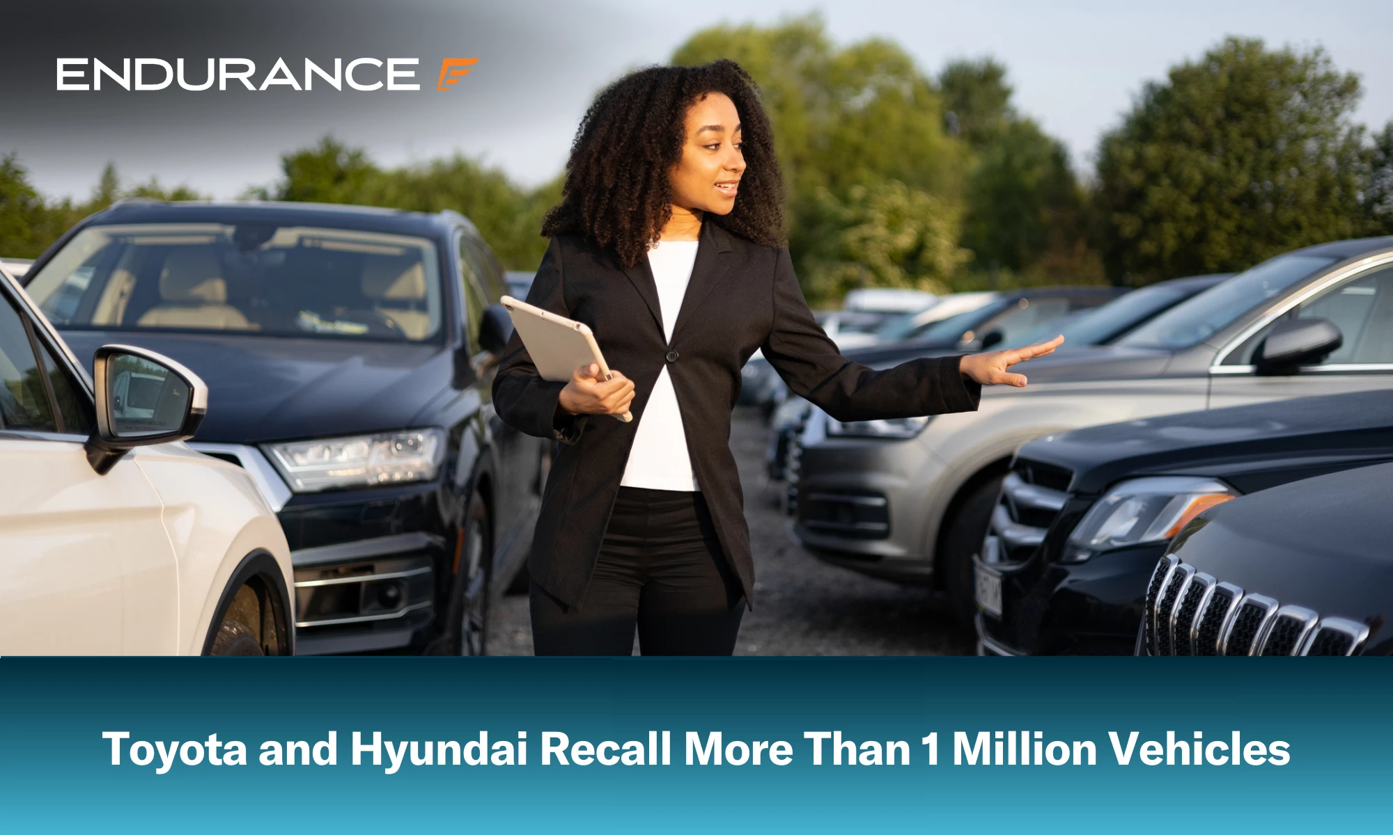 Una mujer señala un vehículo en un estacionamiento mientras sostiene una tableta.