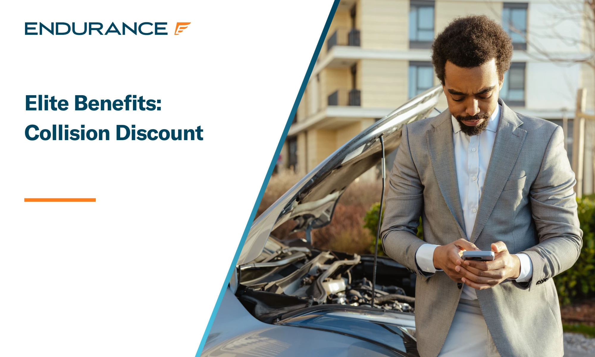 Man in suit using phone near car with open hood