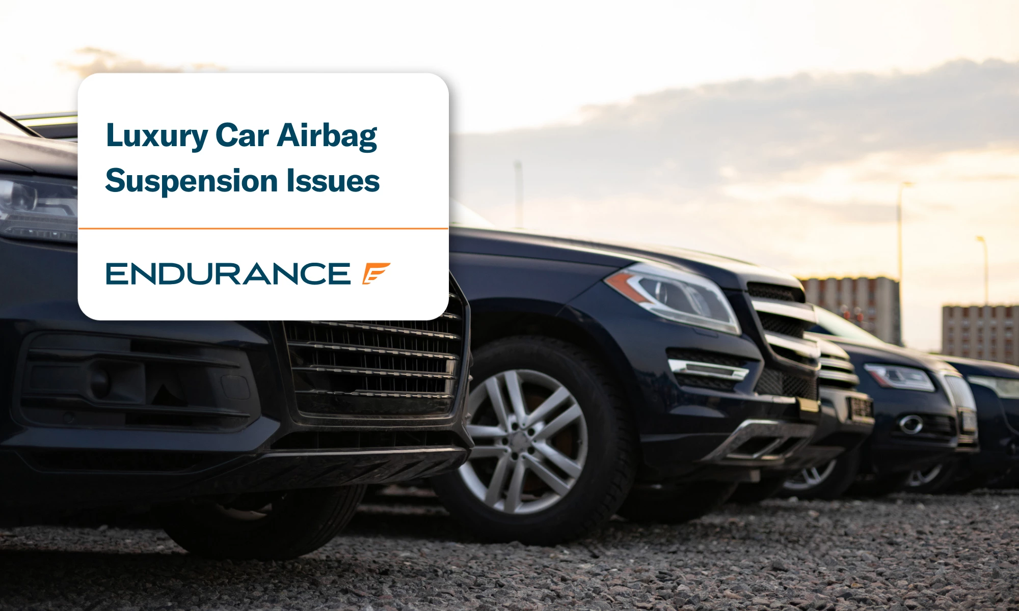 Row of dark-colored SUVs parked outside on a gravel lot