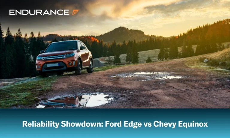 Orange SUV parked on the country road, Ford Edge vs. Chevy Equinox comparison
