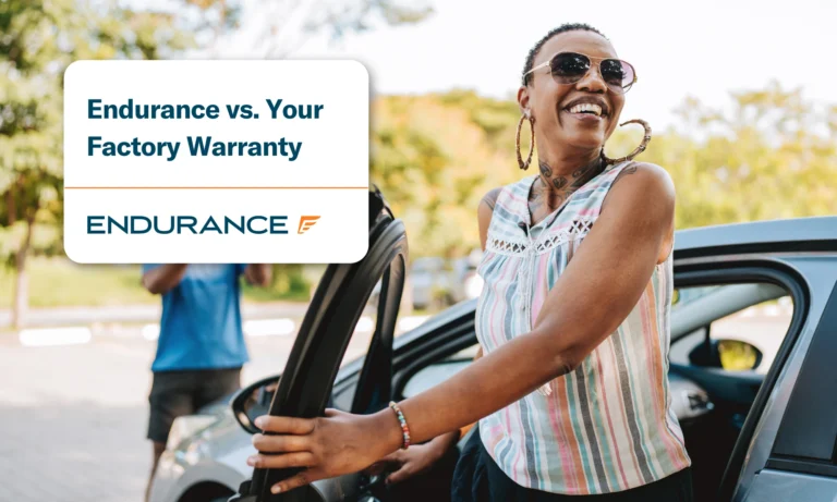A woman getting out of her car smiling, Endurance coverage vs your car's factory warranty