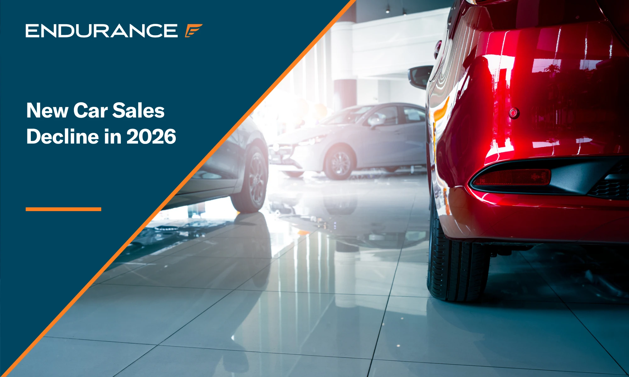 New electric cars parked inside a dealership, new car sales decline in early 2026