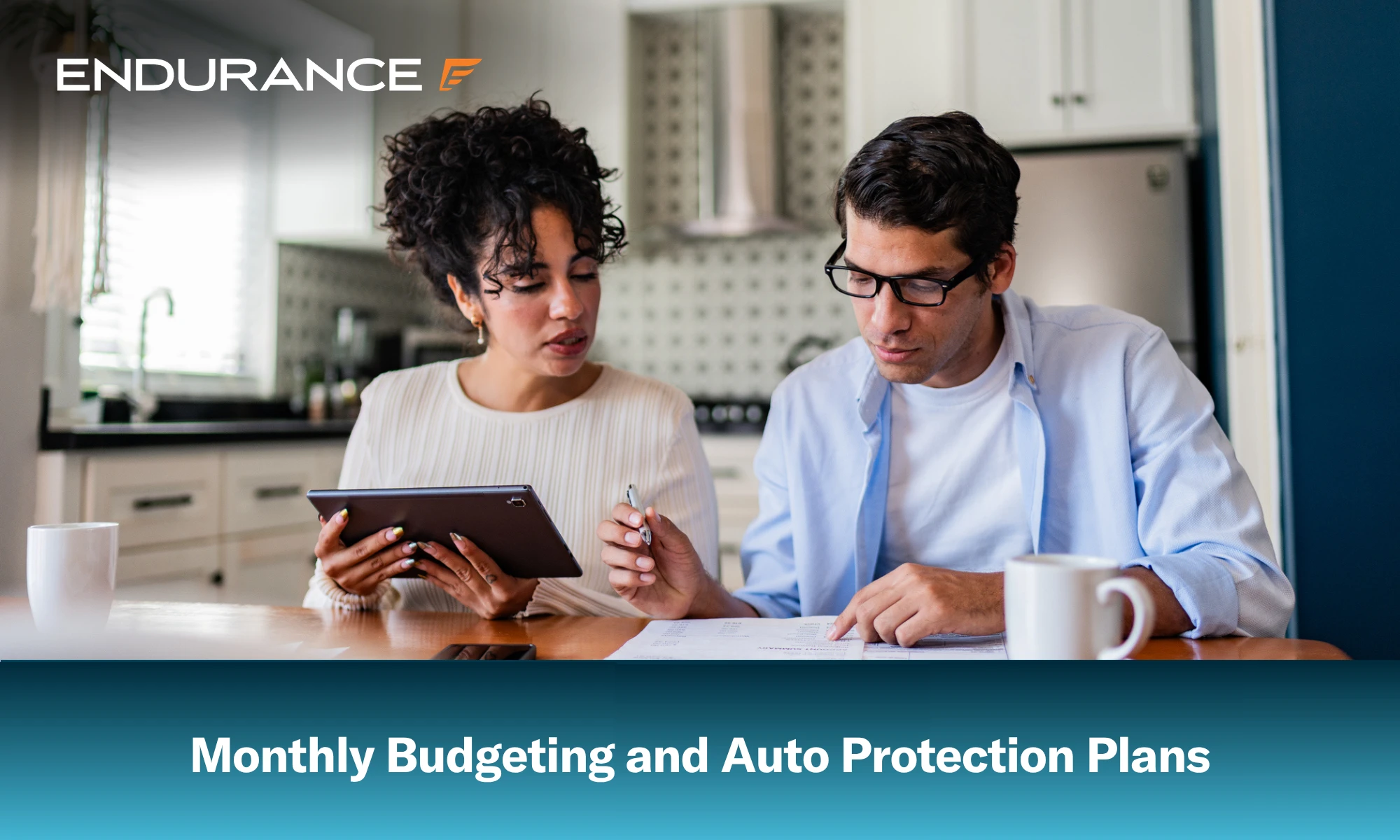 Young couple talking while doing home finances, car repair costs and saving for repairs or purchase an extended warranty